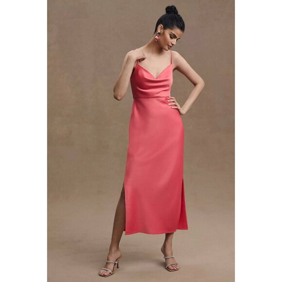 BHLDN Cali Satin Cowl-Neck Midi Slip Dress Coral Anthropologie Size 4‎ - Picture 1 of 9
